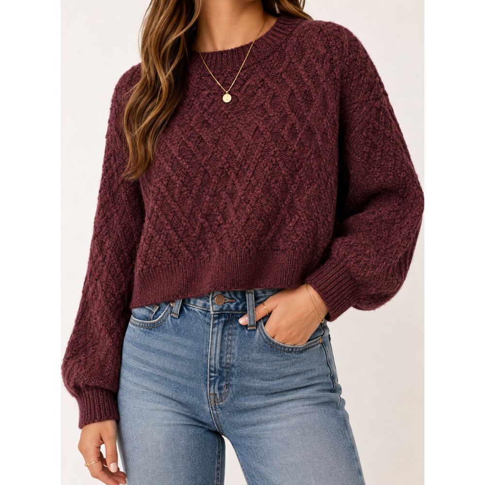 Charlotte Russe XS Burgundy Cable Knit Cropped Sweater Balloon Sleeve Boho Y2K